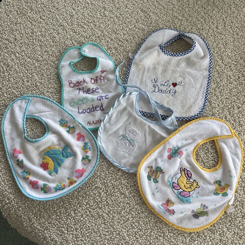 Set of 5 Vintage Baby Colorful Bibs Toddler VTG 90s 60s
